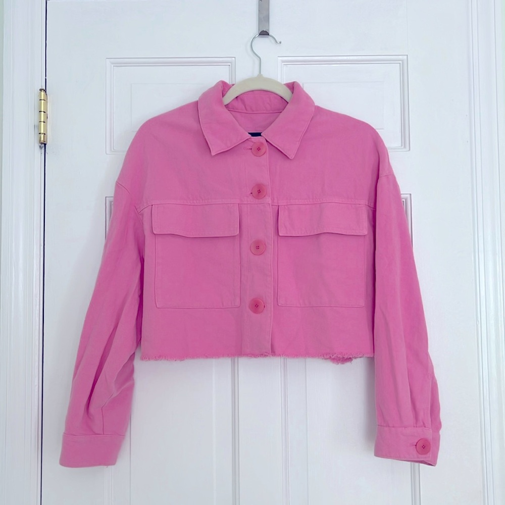 ZARA Bubblegum Pink Cropped Cotton Overshirt Jacket - Size MEDIUM